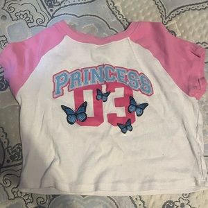 pink and white princess shirt with butterflies